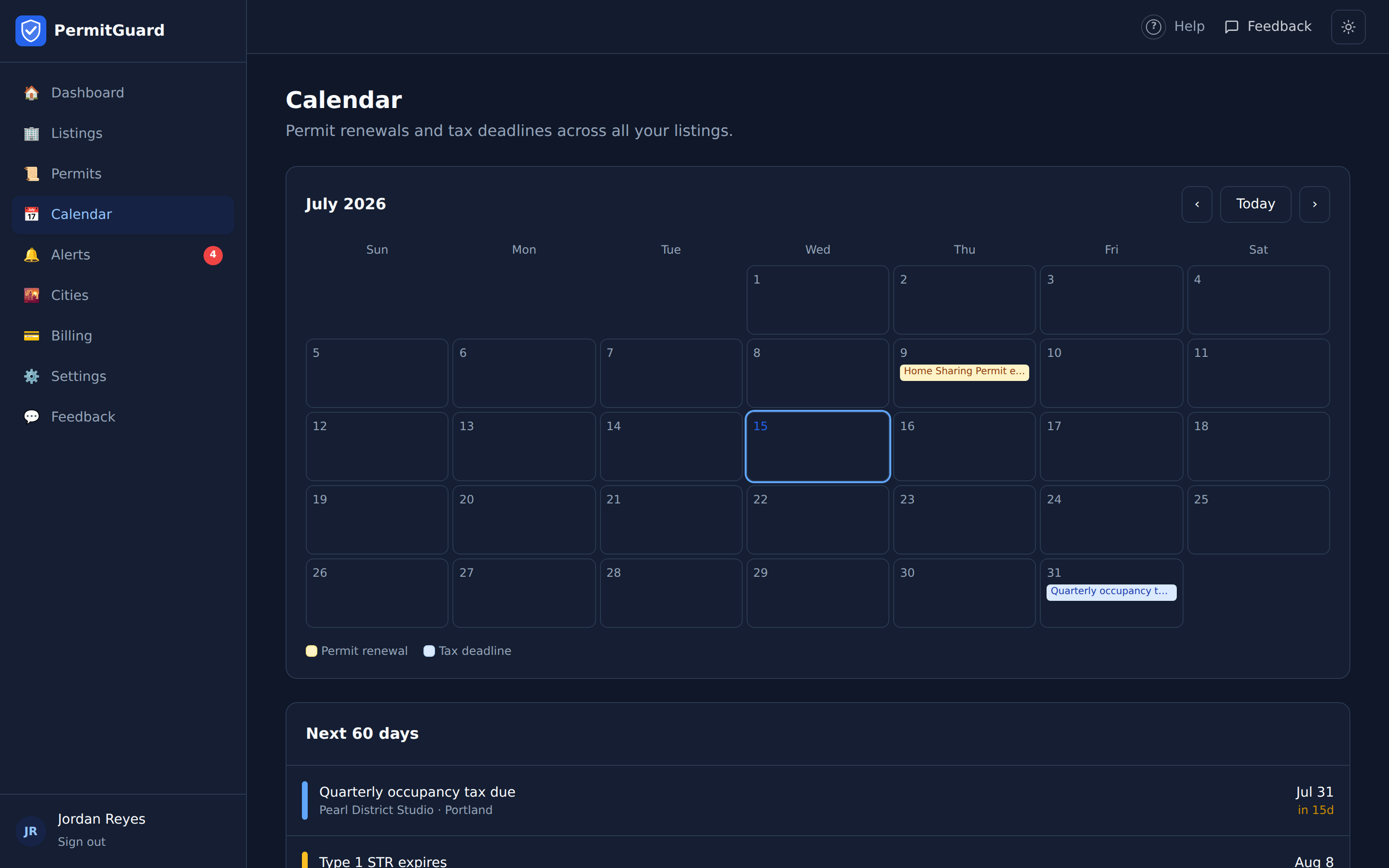 The Calendar — permit renewals and tax deadlines by month, with a 60-day agenda
