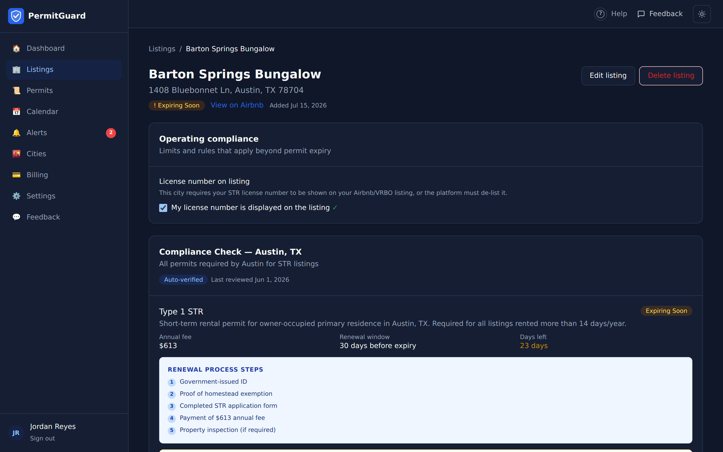 A PermitGuard listing page showing the exact renewal steps, fee, and days remaining